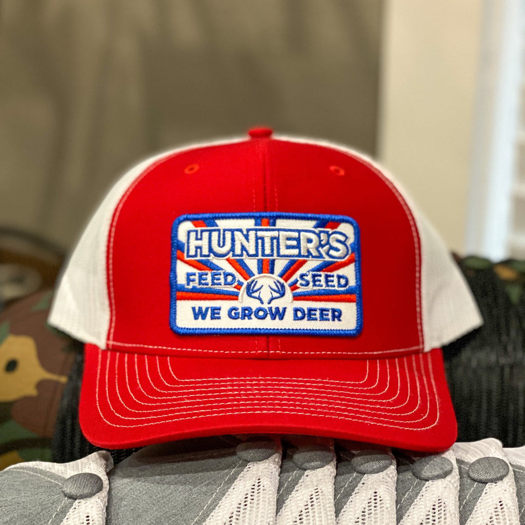 Hunter’s Feed and Seed “Red Front Navy Bill”-  Patch HFS Logo - Bent Brim - Public Hunter