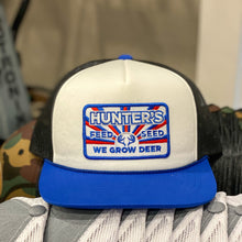 Load image into Gallery viewer, Hunter’s Feed and Seed “Foamie White Front Blue Bill”-  Patch HFS Logo - Flat Brim - Public Hunter