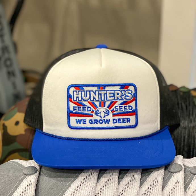 Hunter’s Feed and Seed “Foamie White Front Blue Bill”-  Patch HFS Logo - Flat Brim - Public Hunter
