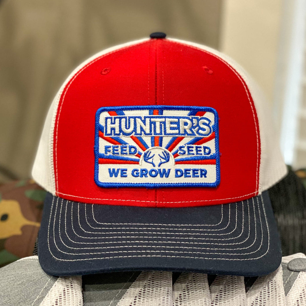 Hunter’s Feed and Seed “Red Front Navy Bill”-  Patch HFS Logo - Bent Brim - Public Hunter